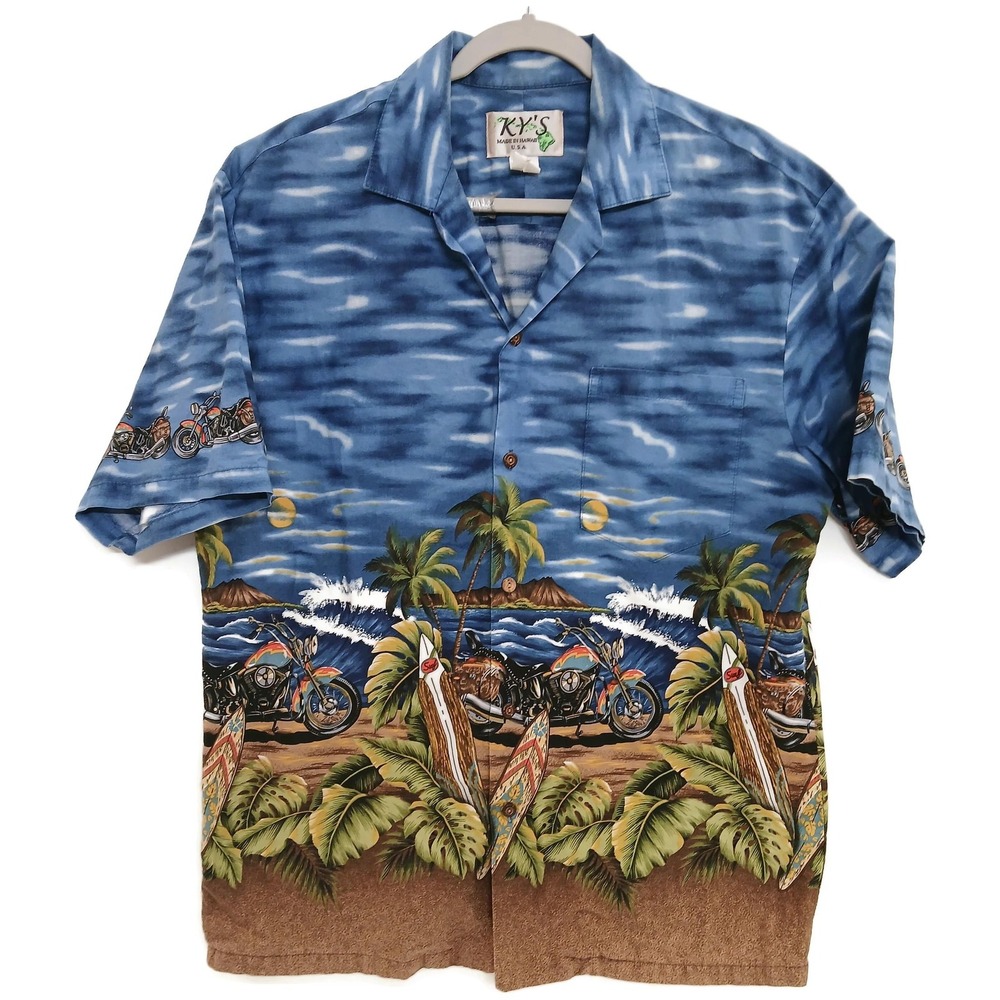 KY'S Hawaiian Aloha Shirt Mens Large Blue Tropical Surfboard Motorcycle Made USA